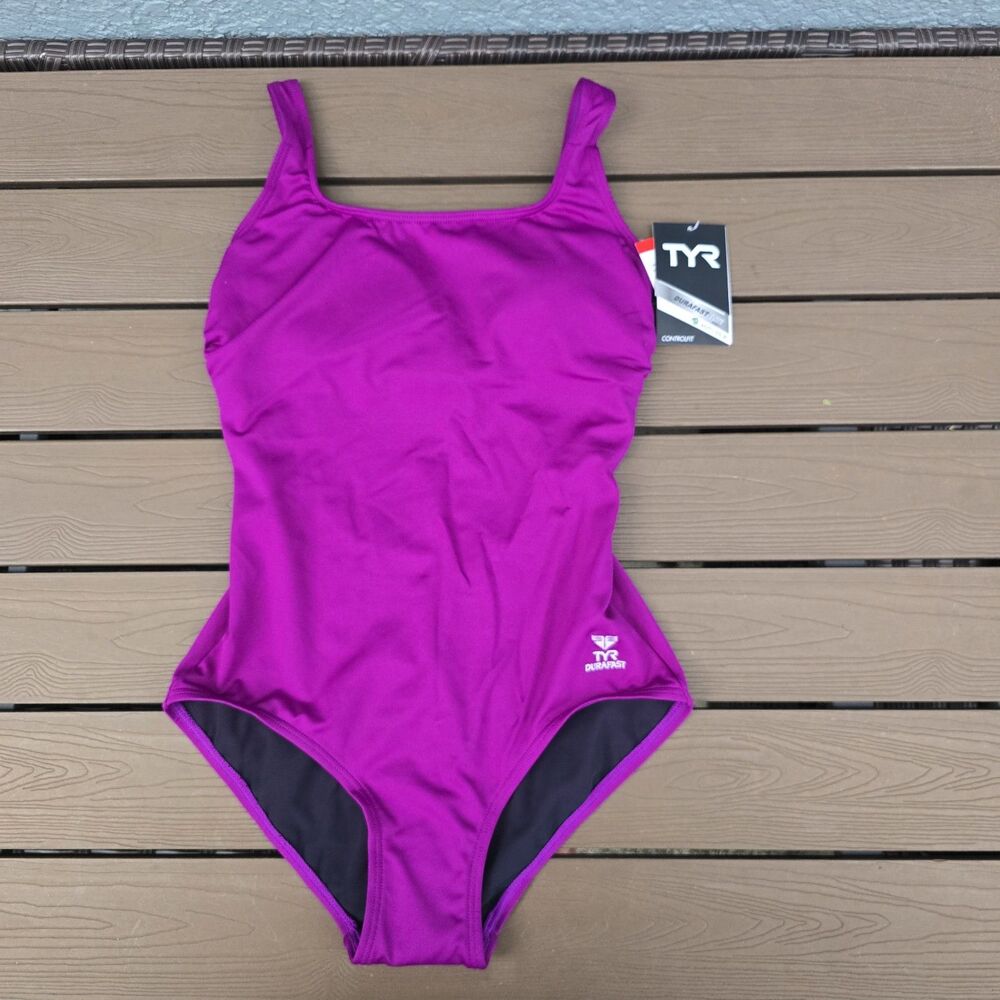 TYR Women's Durafast Elite Solid Purple Square Neck Controlfit Swim Sz 8 NEW